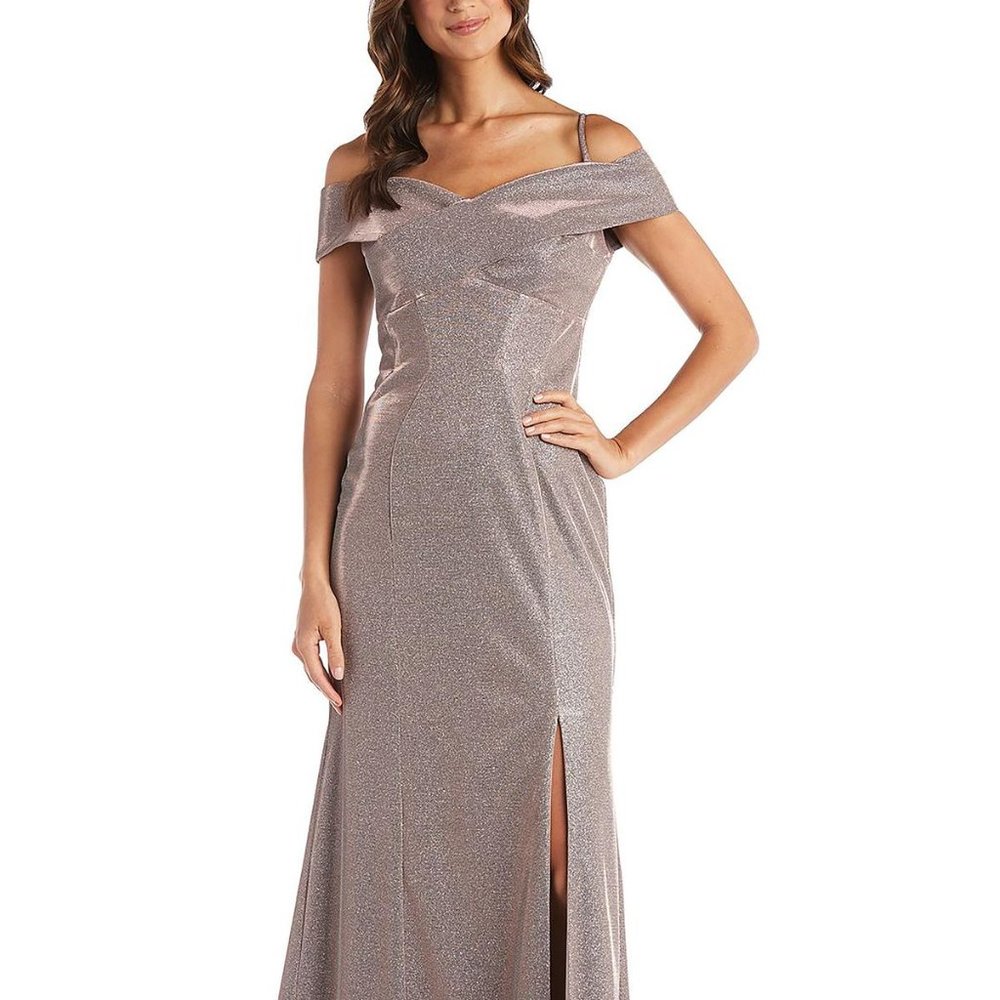 NIGHTWAY Cold-Shoulder Glitter Gown Cappucino Size 10